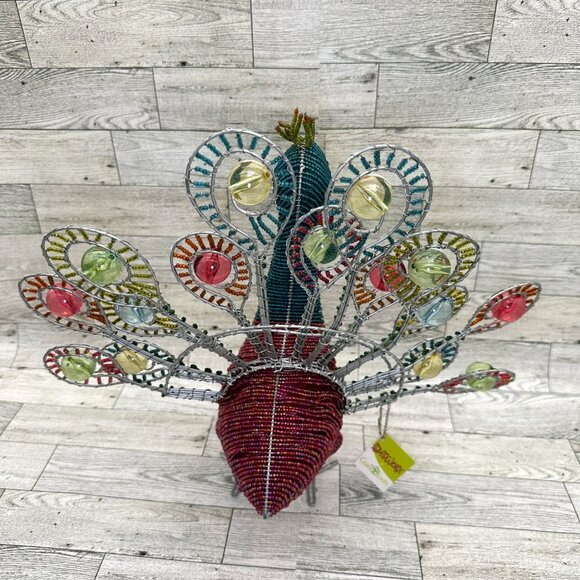 NWT BeadWorx Grass Roots Wired Colored Glass 13" Beaded Peacock Figurine - Picture 7 of 10